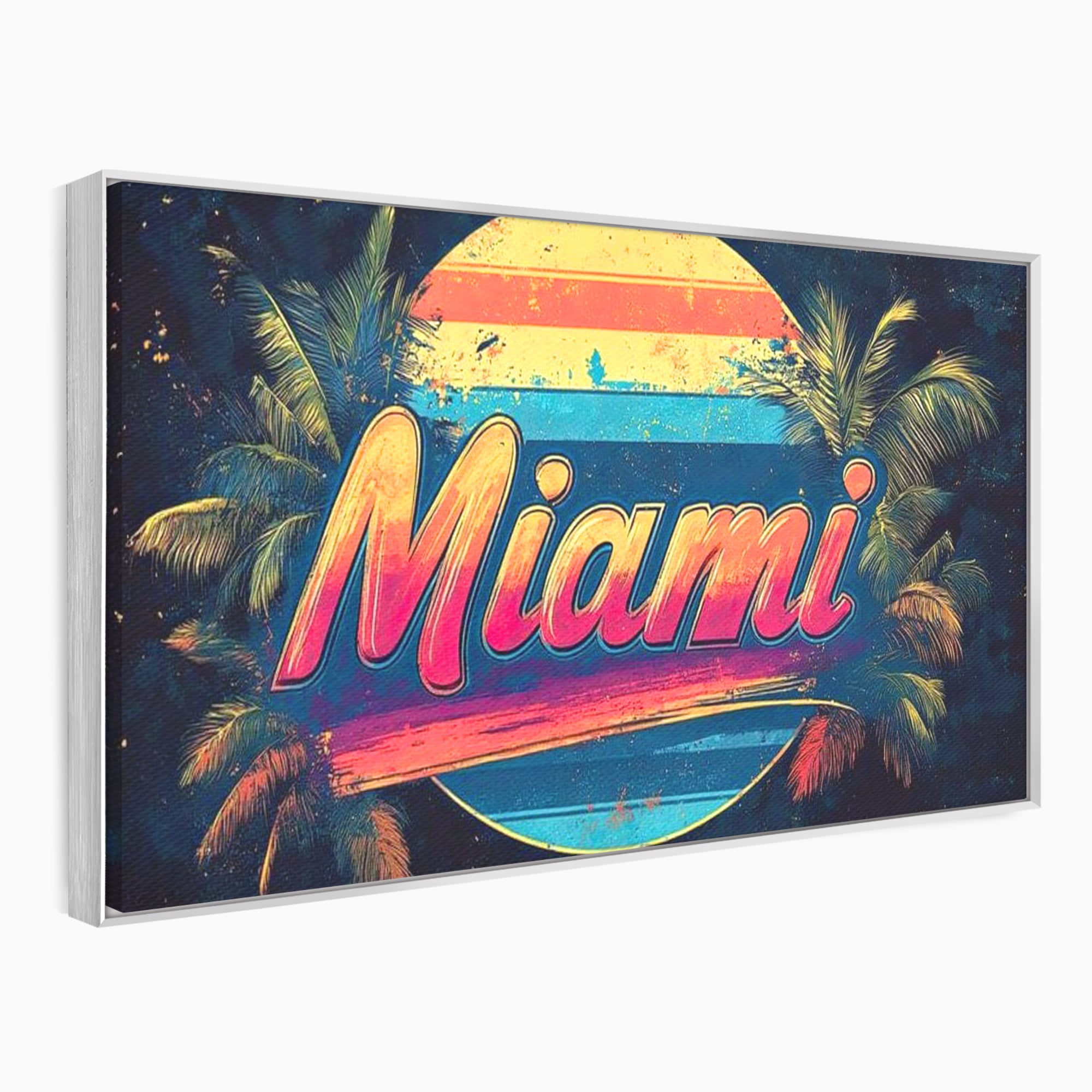 Tablou canvas cu ilustratie retro miami cu soare si palmieri, in rama de aluminiu argintiu